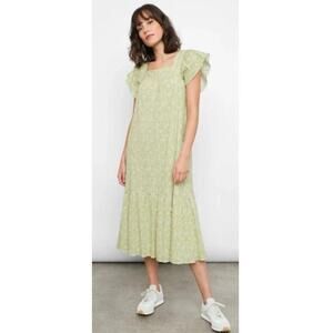 Rails Skylar Posies Dress Green Flutter Sleeve Crepe Stretch XS MIDI Smocked EUC